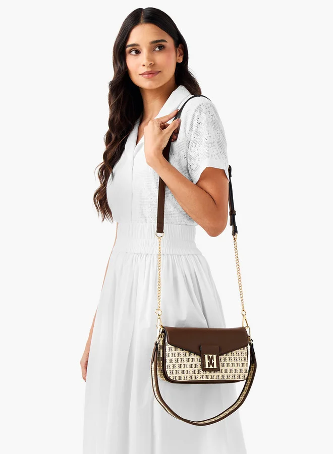 ELLE Monogram Print Crossbody Bag with Adjustable Strap and Button Closure
