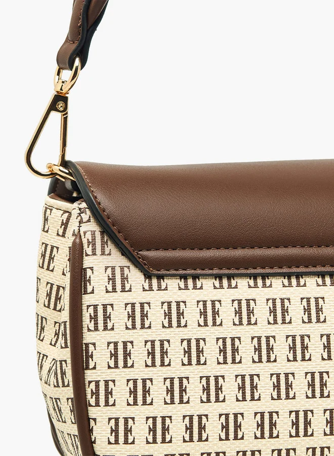 ELLE Monogram Print Crossbody Bag with Adjustable Strap and Button Closure
