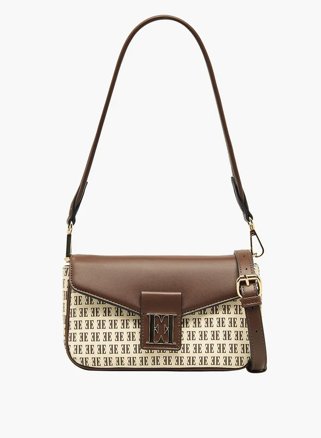 ELLE Monogram Print Crossbody Bag with Adjustable Strap and Button Closure