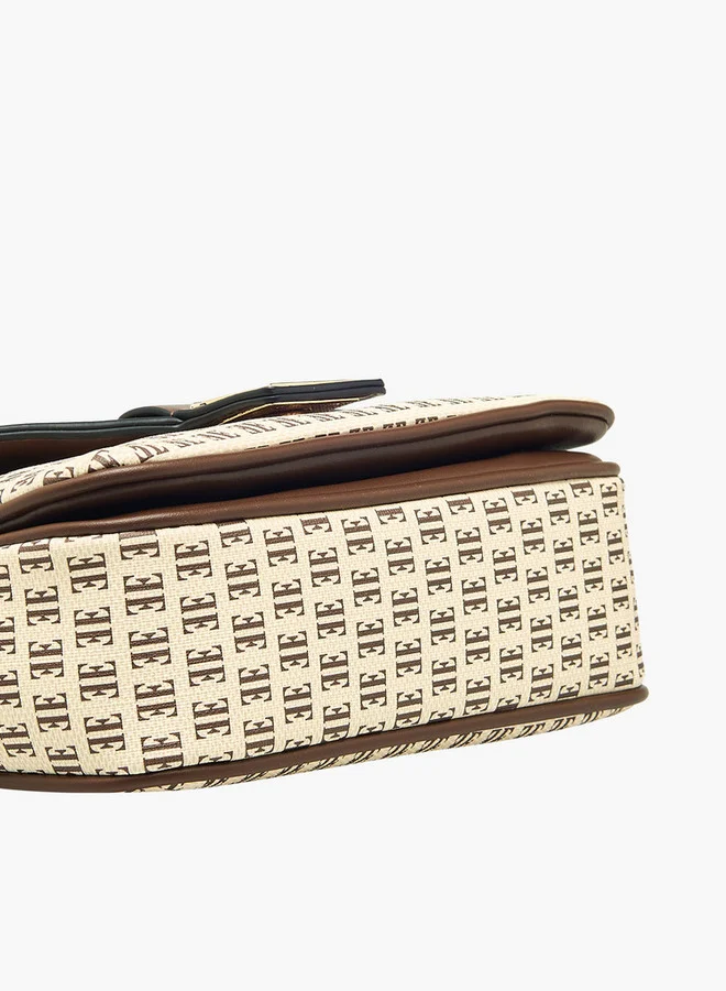 ELLE Monogram Print Crossbody Bag with Adjustable Strap and Button Closure