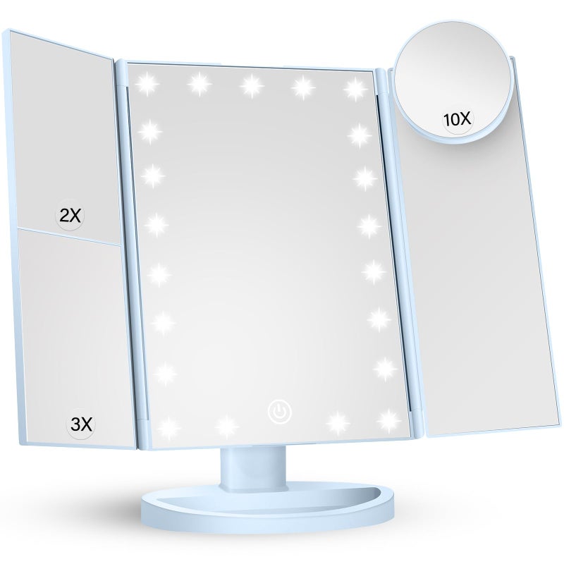 HUONUL Makeup Mirror Vanity with Lights 2X 3X 10X Magnification Lighted Mirror Touch Control Trifold Dual Power Supply Portable LED Women Gift Blue