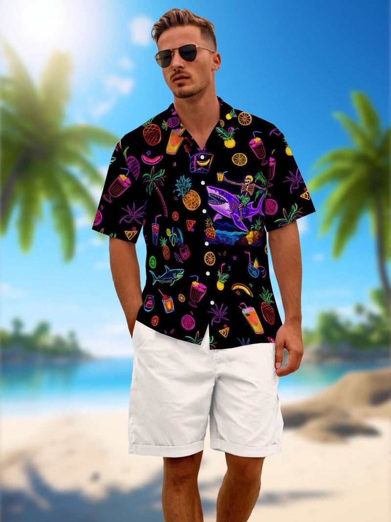 DFZ Skull Mens Pineapple Hawaiian Shirts Retro 80s Button Down Neon Shirt Tropical Party Clothes - Image 2