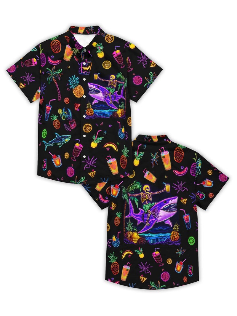DFZ Skull Mens Pineapple Hawaiian Shirts Retro 80s Button Down Neon Shirt Tropical Party Clothes - Image 5