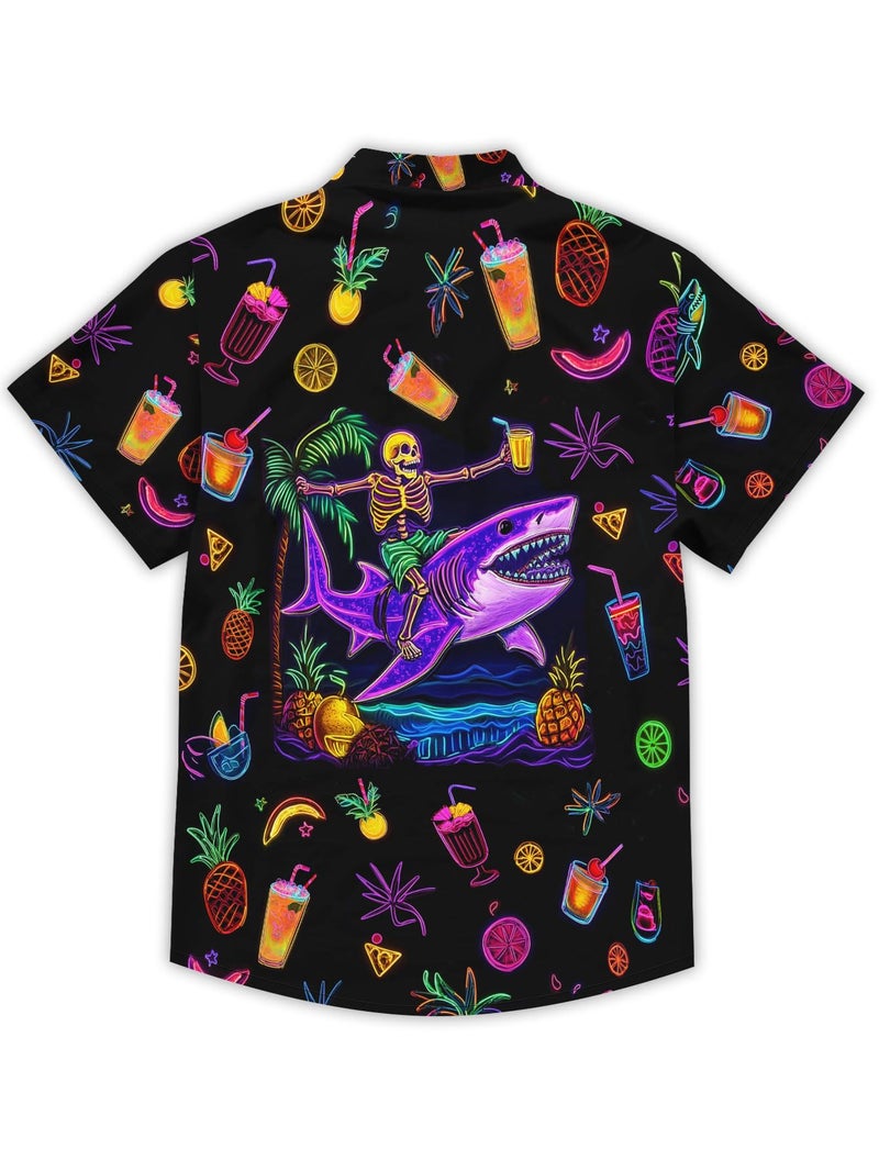 DFZ Skull Mens Pineapple Hawaiian Shirts Retro 80s Button Down Neon Shirt Tropical Party Clothes - Image 4