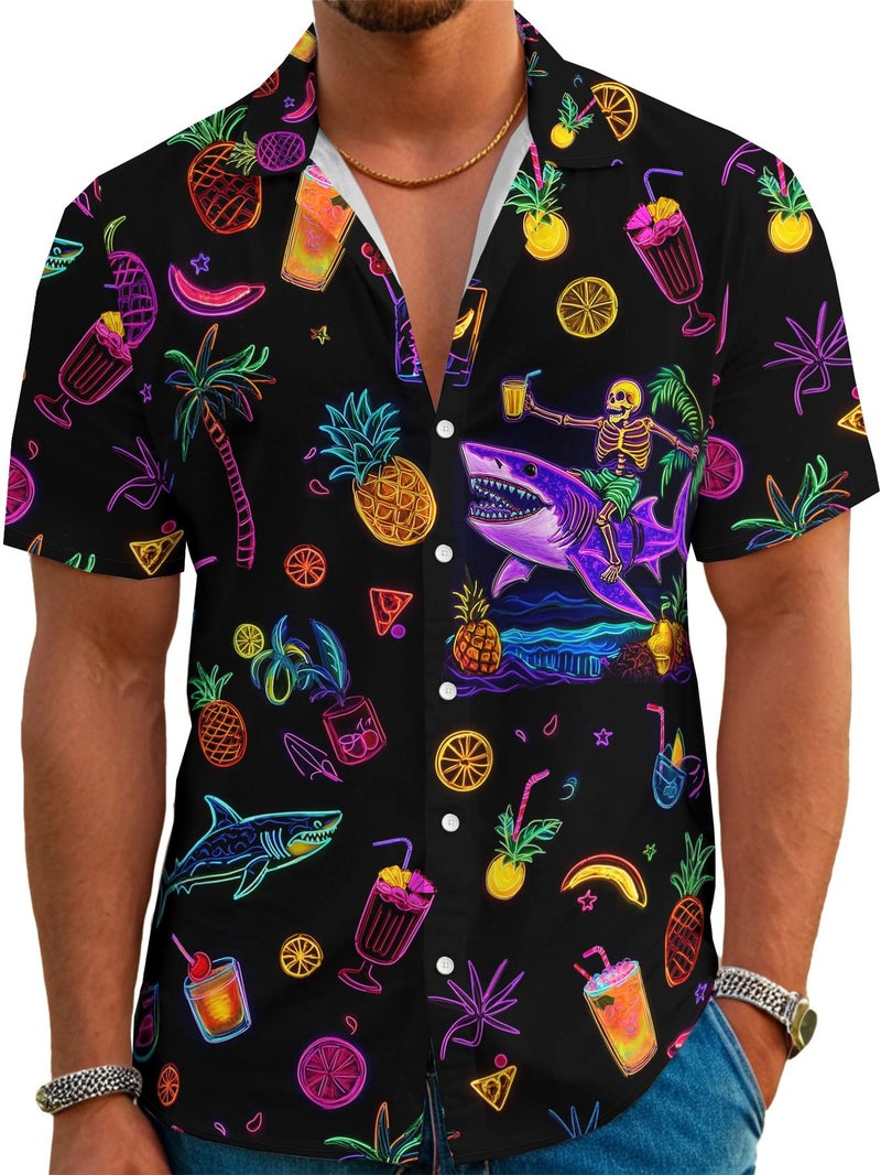 DFZ Skull Mens Pineapple Hawaiian Shirts Retro 80s Button Down Neon Shirt Tropical Party Clothes - Image 1