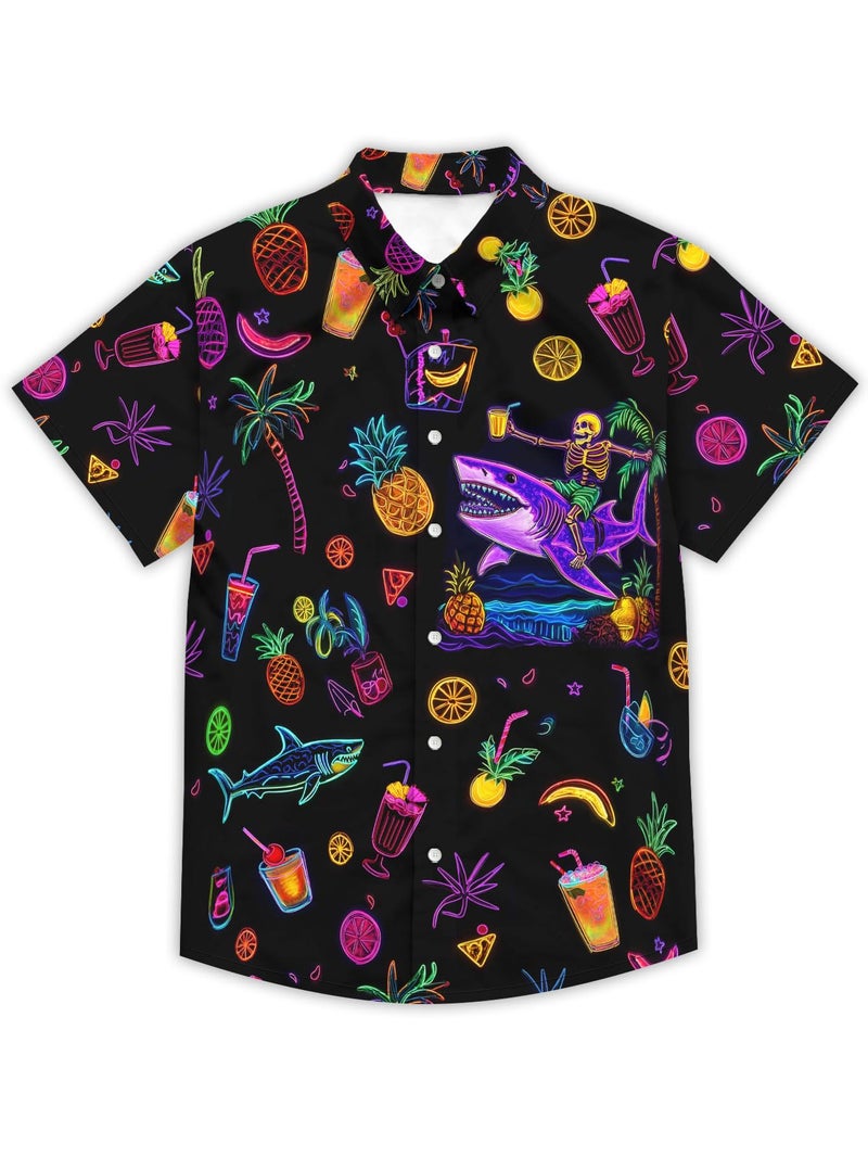DFZ Skull Mens Pineapple Hawaiian Shirts Retro 80s Button Down Neon Shirt Tropical Party Clothes - Image 3