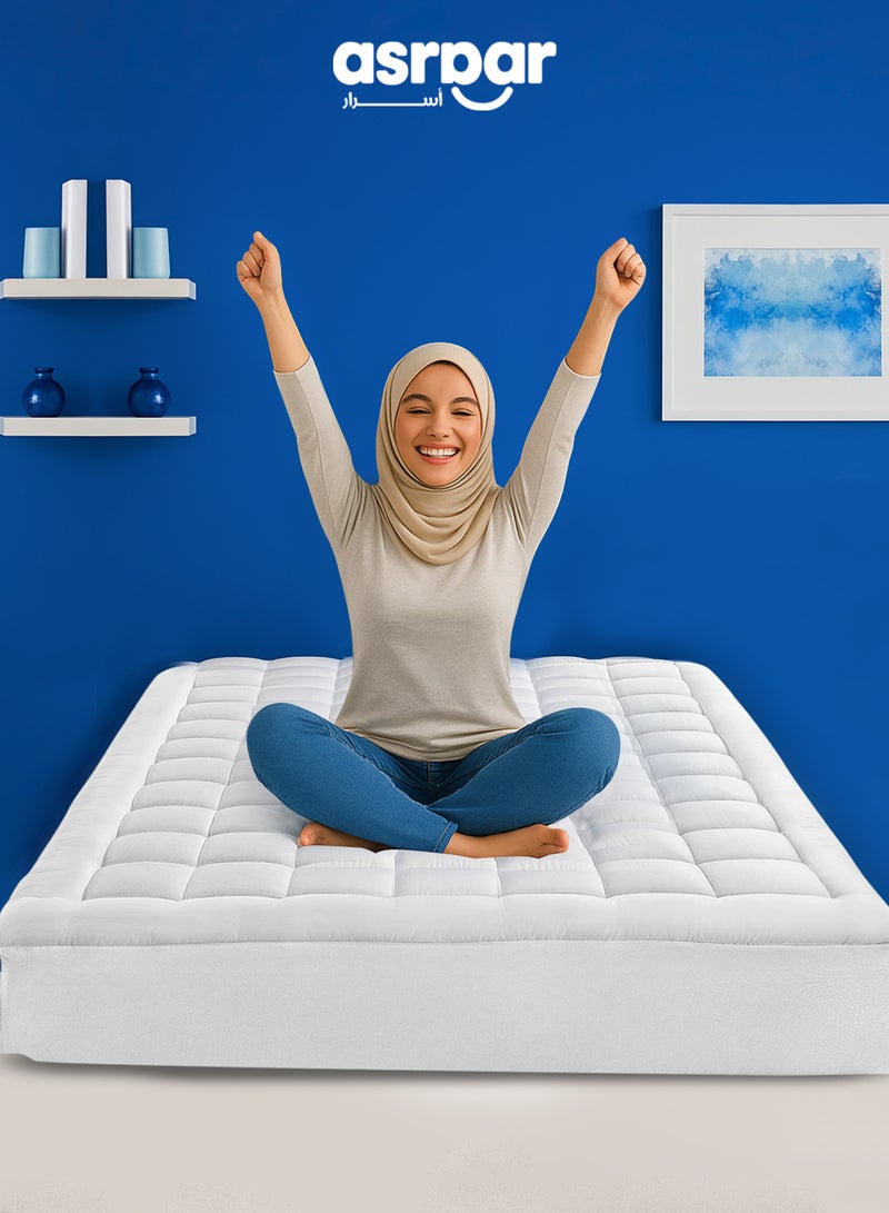 Premium 14 cm Thick Microfiber Mattress Topper with Soft Microfiber Filling - Breathable Bed Pad with Fitted Corner Edges - Enhances Comfort and Support for Better Sleep - Soft Fluffy Mattress Protector for Back Pain Relief, Deep Pocket Mattress Cover, Size - 200 x 120 cm White