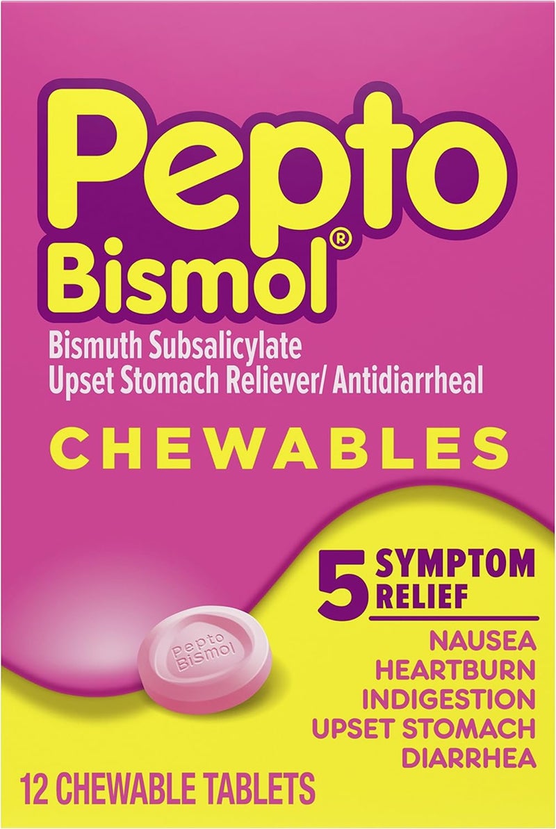 Pepto Bismol Pepto Bismol Chewable Tablets for Nausea, Heartburn, Indigestion, Upset Stomach, and Diarrhea - 5 Symptom Fast Relief, Original Flavor 12 ct 