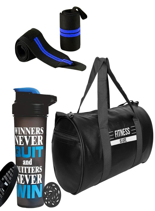FIT FOCUS Premium Combo Set Latest Gym Bag & Shaker Bottle with Wrist Band | Protein Shaker Bottle 700 ml | Sports & Fitness Bag | Wrist Support Gym Band Men and Women (Blue) - Image 1