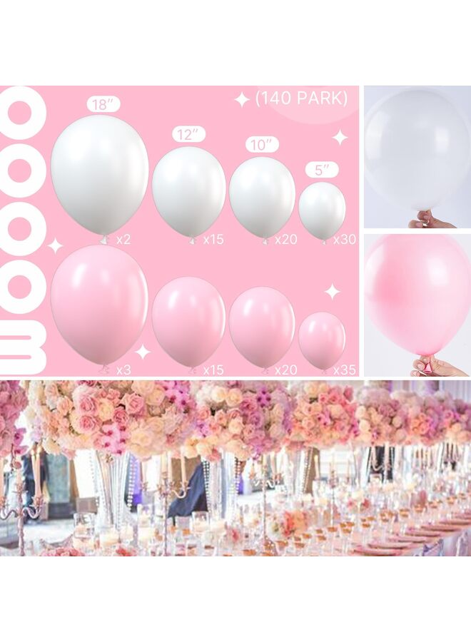 يُسلِّم بالونات وردية وبيضاء 140 قطعة بأحجام مختلفة، عبوة من 18 قطعة، 12 و10 و5 بوصة، طقم قوس بالونات لاتكس لحفلات الزفاف وحفلات التخرج وأعياد الميلاد - Image 3