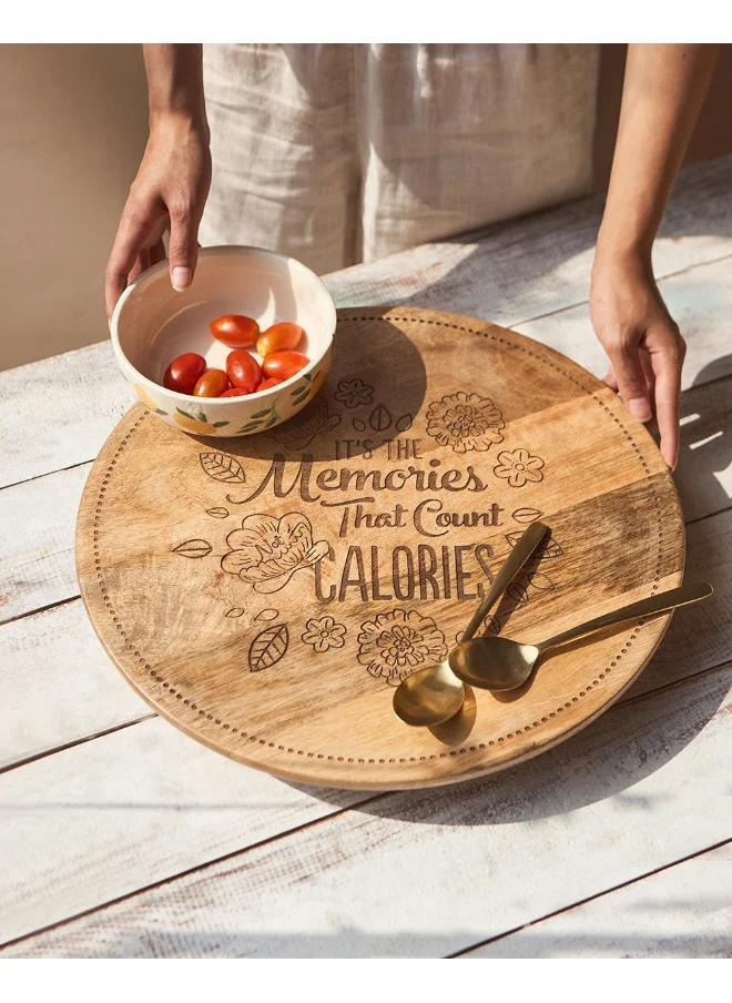 Chumbak Chumbak Farmhouse Lazy Susan Platter | Wooden Platter | Hand Engraved Decorative Platter | Perfect for Breakfast, Coffee, Snacks - Brown Farmhouse Design