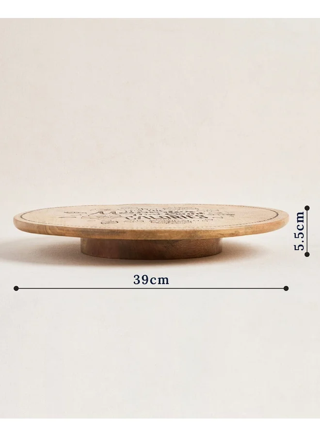 Chumbak Chumbak Farmhouse Lazy Susan Platter | Wooden Platter | Hand Engraved Decorative Platter | Perfect for Breakfast, Coffee, Snacks - Brown Farmhouse Design