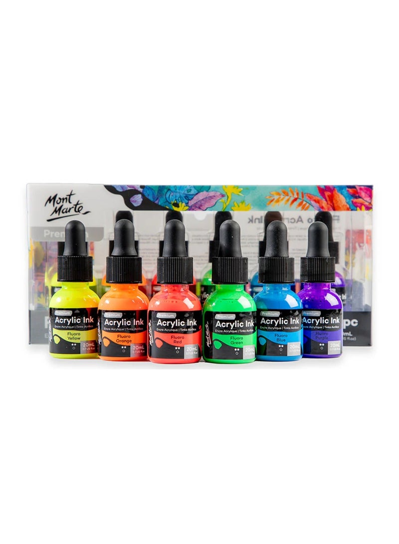 Mont Marte 6-Piece Premium Flouro Acrylic Ink Bottle 20ml Content Per Bottle - Image 1