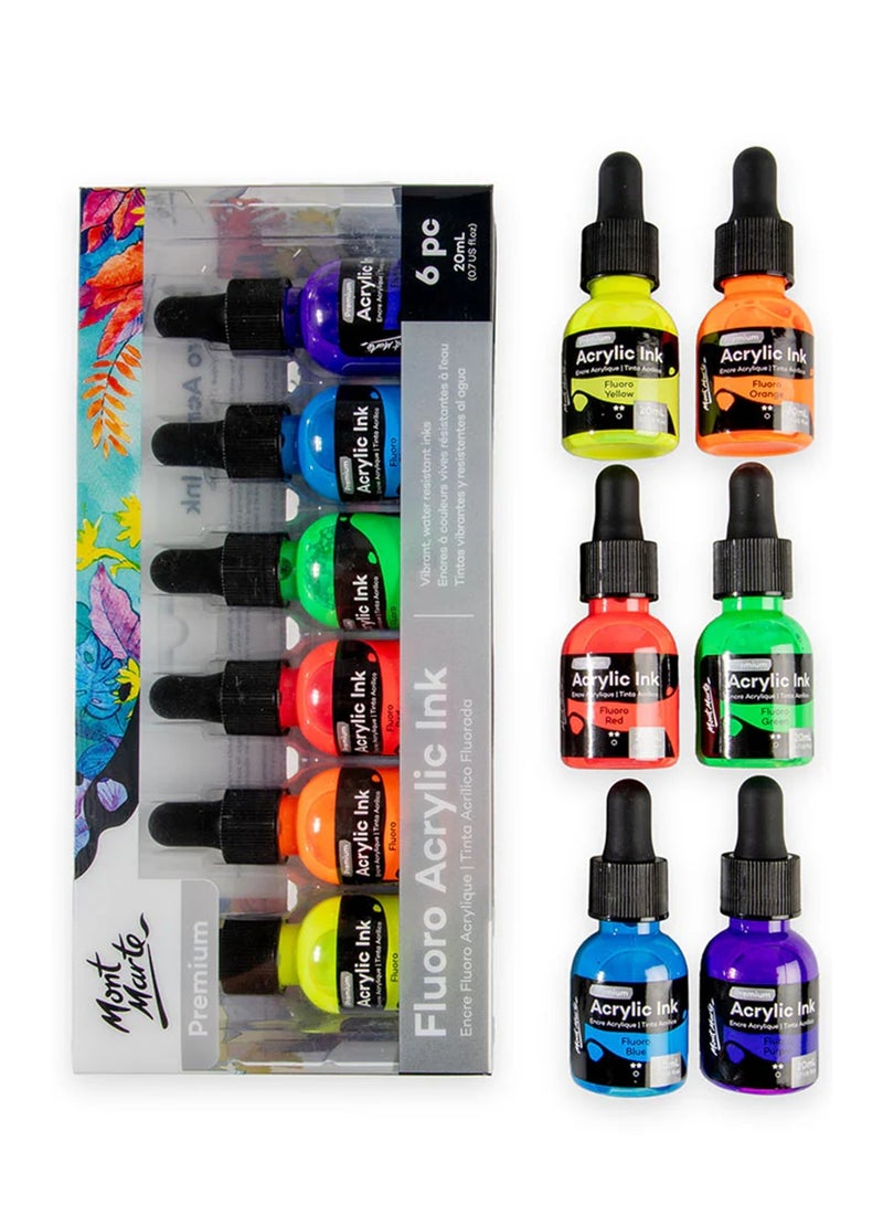 Mont Marte 6-Piece Premium Flouro Acrylic Ink Bottle 20ml Content Per Bottle - Image 2