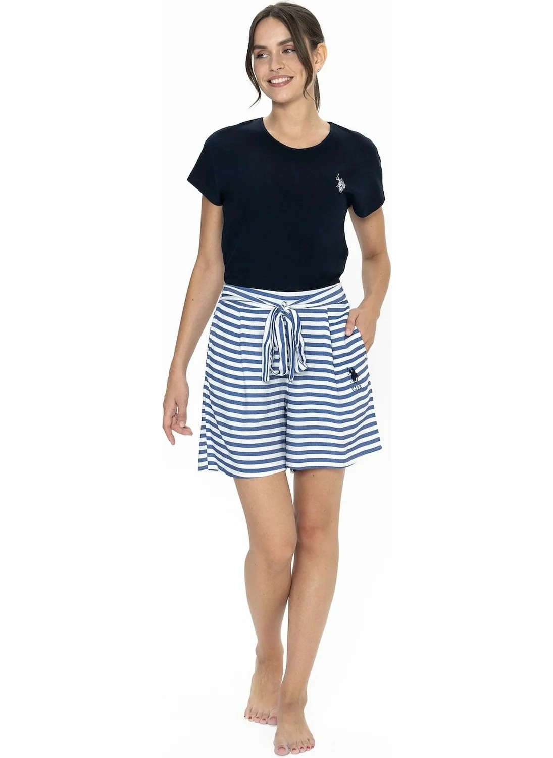 U.S. Polo Assn. 20034 Women's Short Sleeve Crew Neck Shorts Pajama Set-Navy Blue