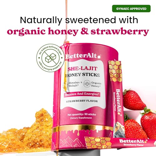 Better Alt BetterAlt SHE-Lajit Strawberry Honeysticks|Shilajit for Women with Shatavari & Saffron for hormonal Balance & Energy Boost|Tasty sticks with Goodness of Pure Himalayan Shilajit|30 Sticks - Image 5