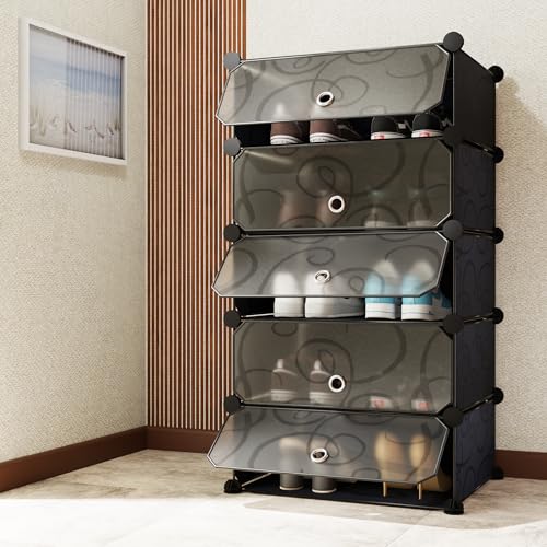 AYSIS 5 Shelf DIY Shoe Rack Plastic ^ Multi-Purpose Plastic Shoe Rack for Home Plastic Shelves, Home Shoe Rack with Door for Entryway, Bedroom Living Room, Chappal Slipper Shoe Stand (Black) - Image 1