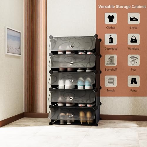 AYSIS 5 Shelf DIY Shoe Rack Plastic ^ Multi-Purpose Plastic Shoe Rack for Home Plastic Shelves, Home Shoe Rack with Door for Entryway, Bedroom Living Room, Chappal Slipper Shoe Stand (Black) - Image 4