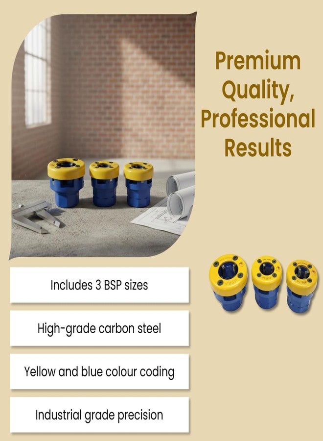 Mass Pro Professional BSP Pipe Threading Die Set, Industrial-Grade Carbon Steel, Colour-Coded Quick Size ID, Yellow & Blue, 3Pcs 1" 3/4" 1/2" BSP - Image 3