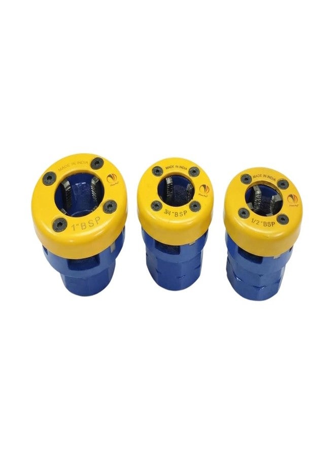 Mass Pro Professional BSP Pipe Threading Die Set, Industrial-Grade Carbon Steel, Colour-Coded Quick Size ID, Yellow & Blue, 3Pcs 1" 3/4" 1/2" BSP - Image 1