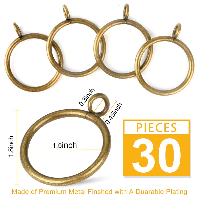 Hanitronic Antique Brass Curtain Rings with Eyelets for Up to 1.2-inch Curtain Rods (Set of 30 PCS Curtain Rings) - Image 2