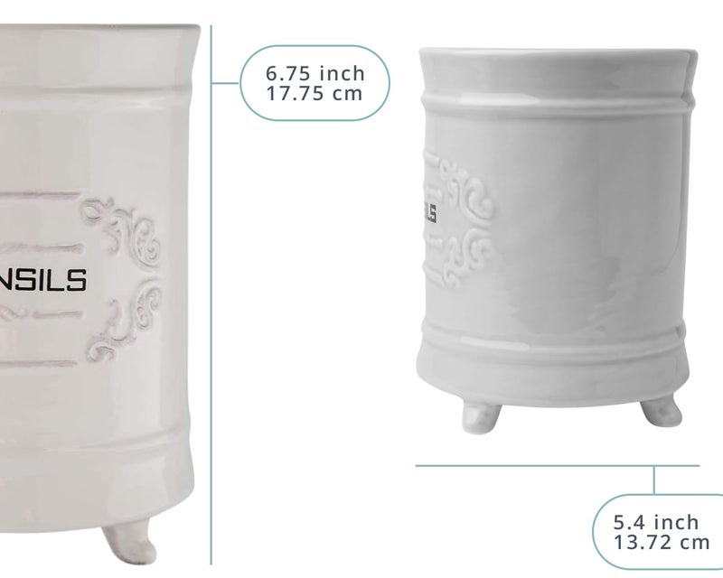 Comfify White Ceramic Utensil Holder â€“ Vintage Style Kitchen Caddy â€“ Shabby Chic Countertop Organizer â€“ Rustic French Country Crock for Cooking Enthusiasts - Image 3