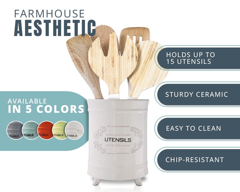 Comfify White Ceramic Utensil Holder â€“ Vintage Style Kitchen Caddy â€“ Shabby Chic Countertop Organizer â€“ Rustic French Country Crock for Cooking Enthusiasts - Image 2