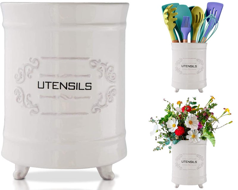Comfify White Ceramic Utensil Holder â€“ Vintage Style Kitchen Caddy â€“ Shabby Chic Countertop Organizer â€“ Rustic French Country Crock for Cooking Enthusiasts - Image 1
