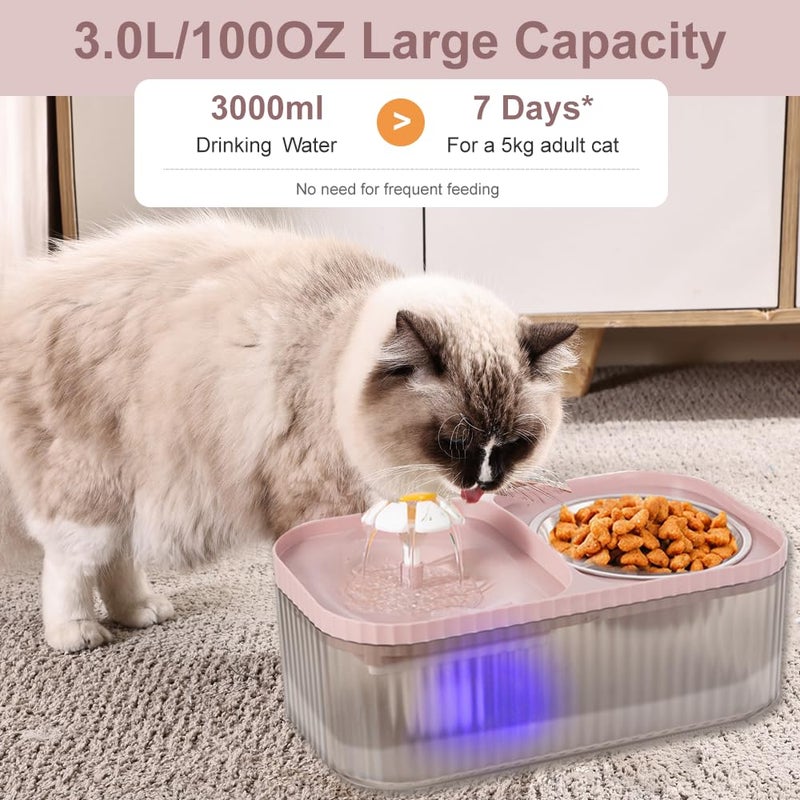Marchul Cat Water Fountain and Stainless Steel Food Bowl, 100oz/3L Super Quiet Automatic Pet Water Dispenser with Smart Pump and 3 Replacement Filters for Cats and Small Dogs, Pink - Image 2