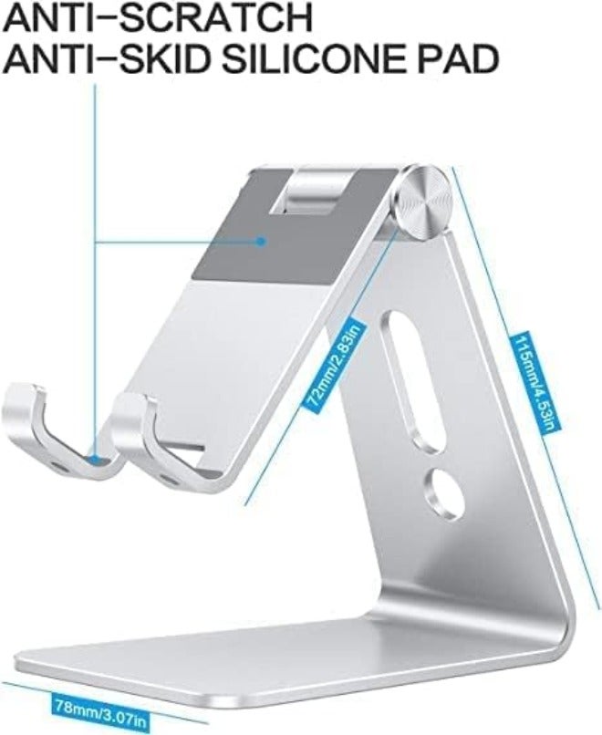 Omoton Adjustable Cell Phone Stand, OMOTON Aluminum Desktop Cellphone Stand with Anti-Slip Base and Convenient Charging Port, Fits All Smart Phones,  Silver - Image 4