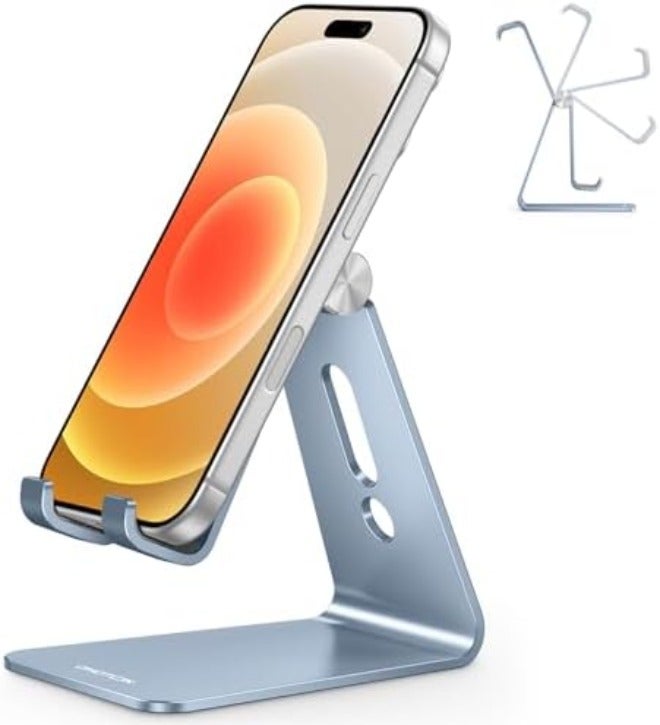 Omoton Adjustable Cell Phone Stand, OMOTON Aluminum Desktop Cellphone Stand with Anti-Slip Base and Convenient Charging Port, Fits All Smart Phones,  Silver - Image 1