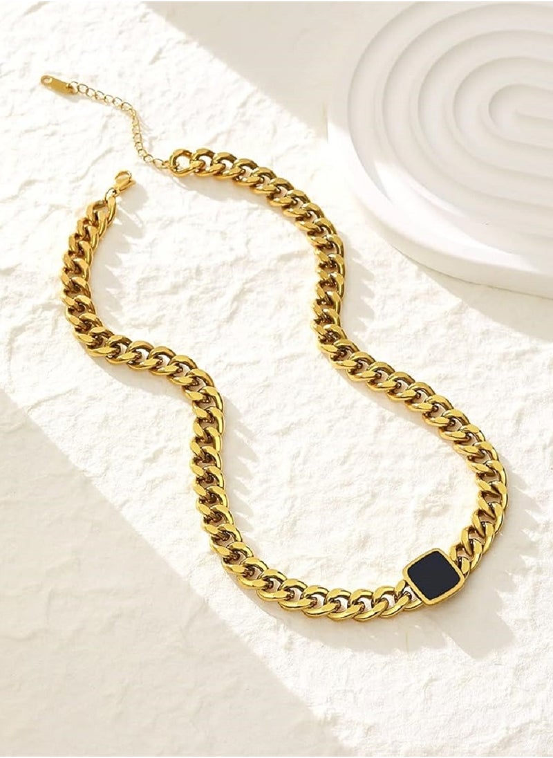 Ward - Women's Necklace Thick Square with Black Stone in Stainless Steel - Image 1