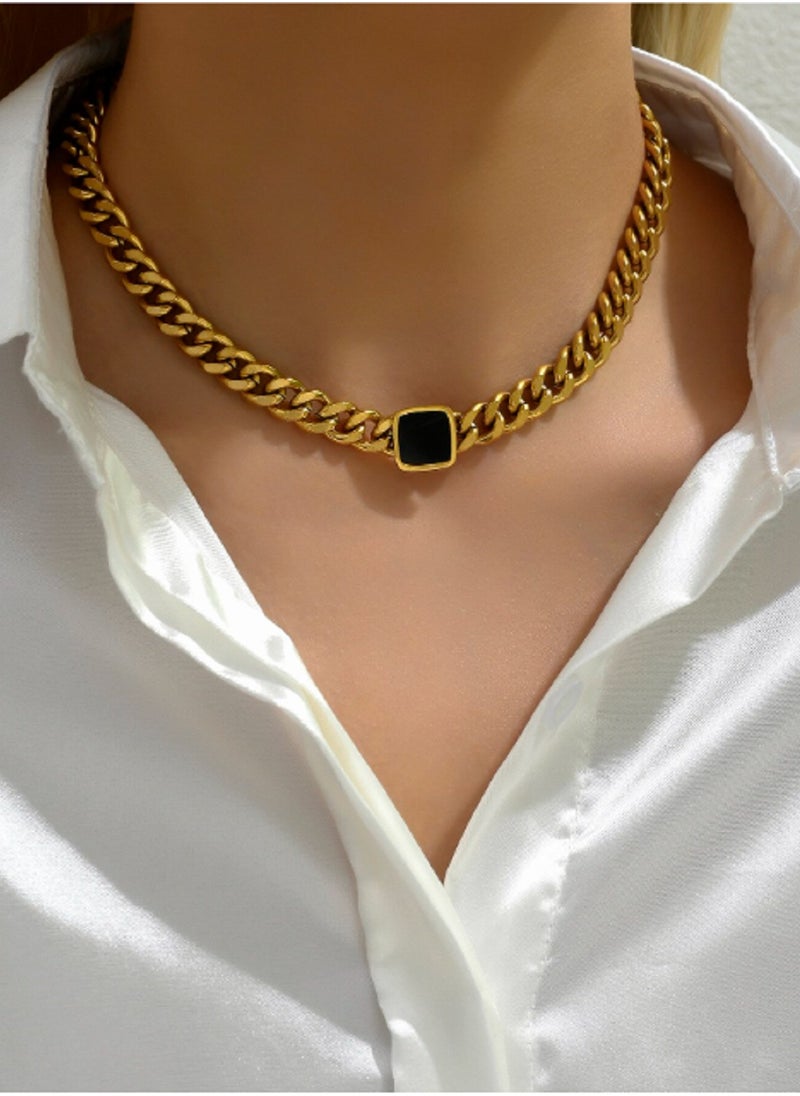 Ward - Women's Necklace Thick Square with Black Stone in Stainless Steel - Image 1