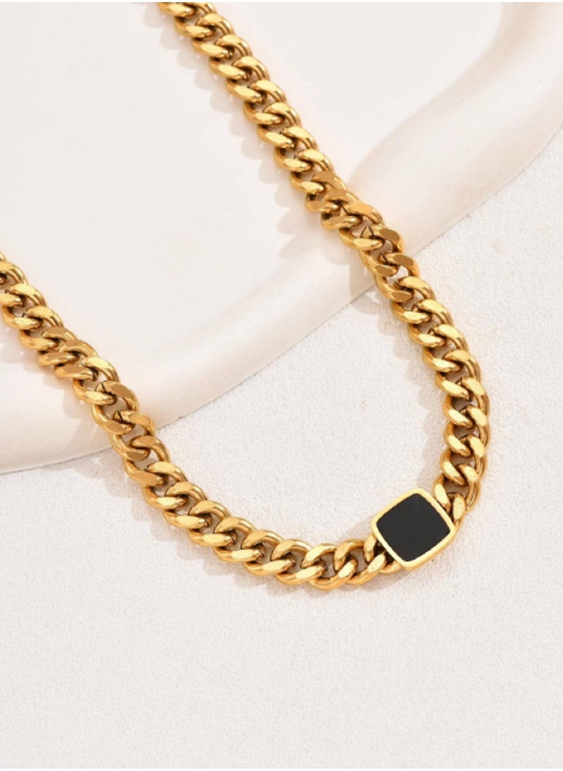 Ward - Women's Necklace Thick Square with Black Stone in Stainless Steel - Image 1