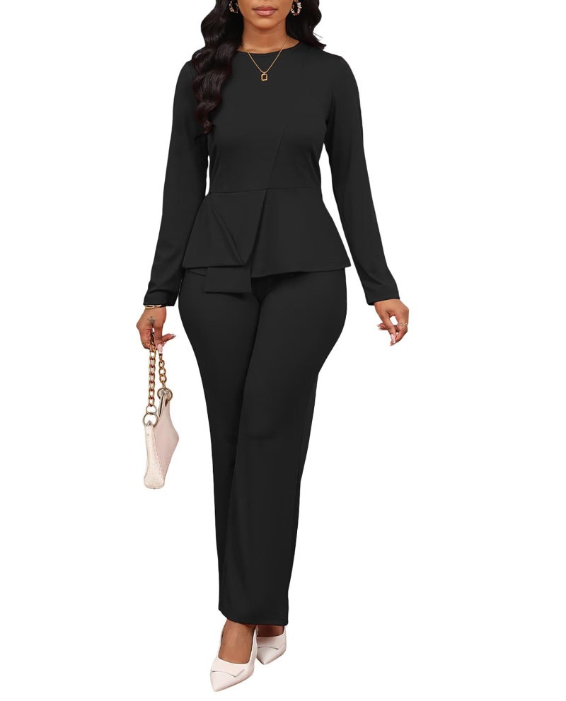 Aro Lora Women 2 Piece Outfits Casual Long Sleeve Irregular Hem Slit Top Pant Set Dressy Pantsuits Small Black - Image 1