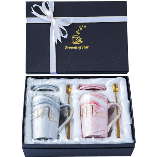 SKYTONE Coffee Mug, Anniversary for Couple Special, Wedding for Couples, Mugs for Coffee, Mug with Lid, Spoon & Coasters with Box, Valentine Set of 2 (Mr & Mrs. Cup) - Image 1
