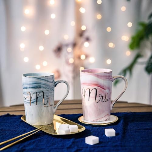 SKYTONE Coffee Mug, Anniversary for Couple Special, Wedding for Couples, Mugs for Coffee, Mug with Lid, Spoon & Coasters with Box, Valentine Set of 2 (Mr & Mrs. Cup) - Image 2