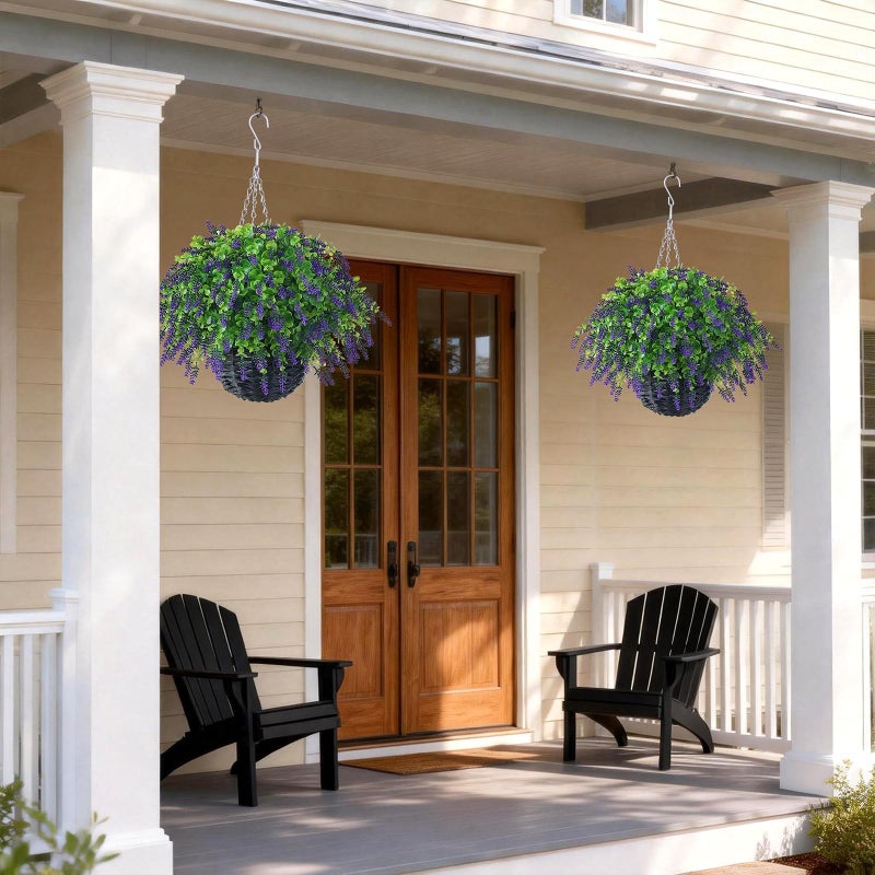 VIERENA Artificial Lavender and Eucalyptus Leaves Hanging Basket - 2 Set for Outdoor Decorations,Fake Flower Hanging Basket UV-Resistant for Porch, Home Garden, Farmhouse, Eaves, Yard Decor - Image 3