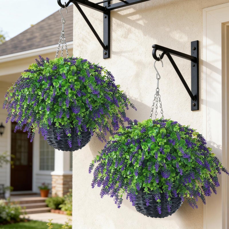 VIERENA Artificial Lavender and Eucalyptus Leaves Hanging Basket - 2 Set for Outdoor Decorations,Fake Flower Hanging Basket UV-Resistant for Porch, Home Garden, Farmhouse, Eaves, Yard Decor - Image 1