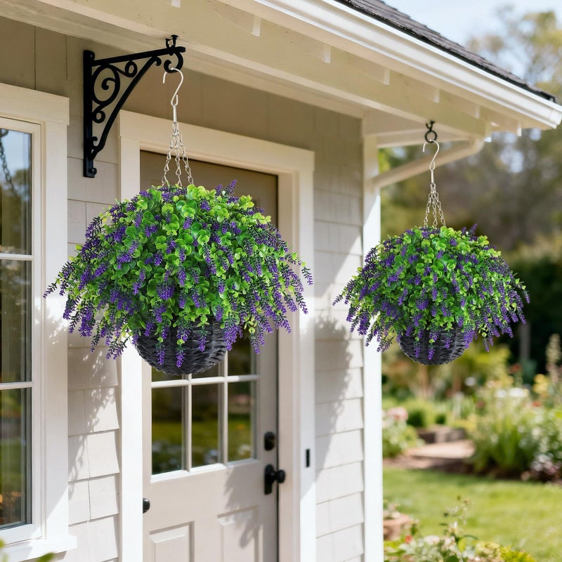 VIERENA Artificial Lavender and Eucalyptus Leaves Hanging Basket - 2 Set for Outdoor Decorations,Fake Flower Hanging Basket UV-Resistant for Porch, Home Garden, Farmhouse, Eaves, Yard Decor - Image 2