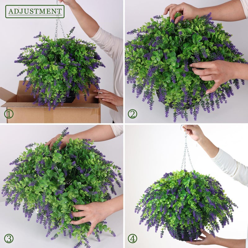 VIERENA Artificial Lavender and Eucalyptus Leaves Hanging Basket - 2 Set for Outdoor Decorations,Fake Flower Hanging Basket UV-Resistant for Porch, Home Garden, Farmhouse, Eaves, Yard Decor - Image 5