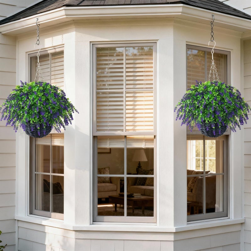 VIERENA Artificial Lavender and Eucalyptus Leaves Hanging Basket - 2 Set for Outdoor Decorations,Fake Flower Hanging Basket UV-Resistant for Porch, Home Garden, Farmhouse, Eaves, Yard Decor - Image 4