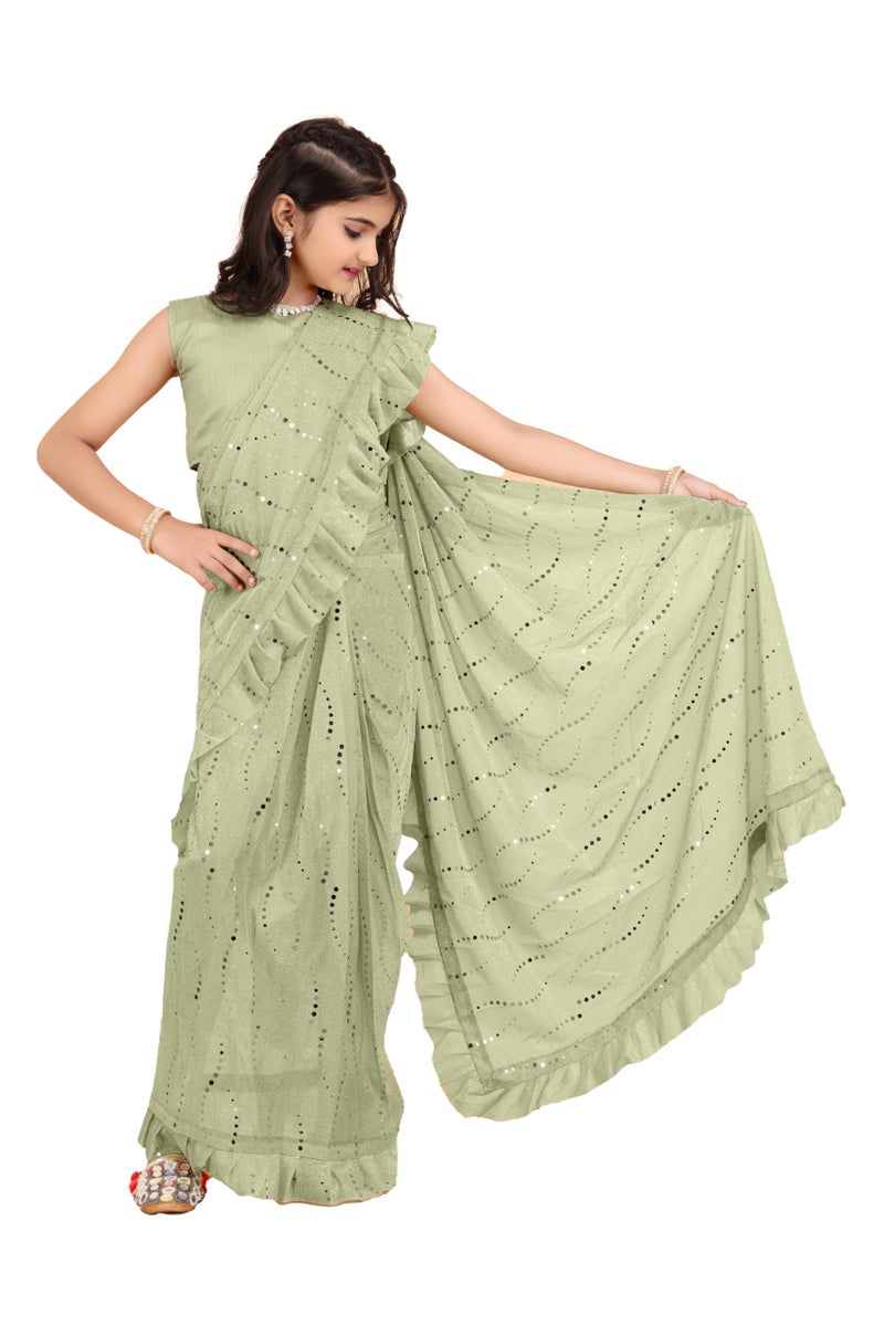 Xavima Kids Supernet Embellished Ready to Wear Saree With Unstitched Blouse Piece- Pista_Size : 5_6 Years - Image 1