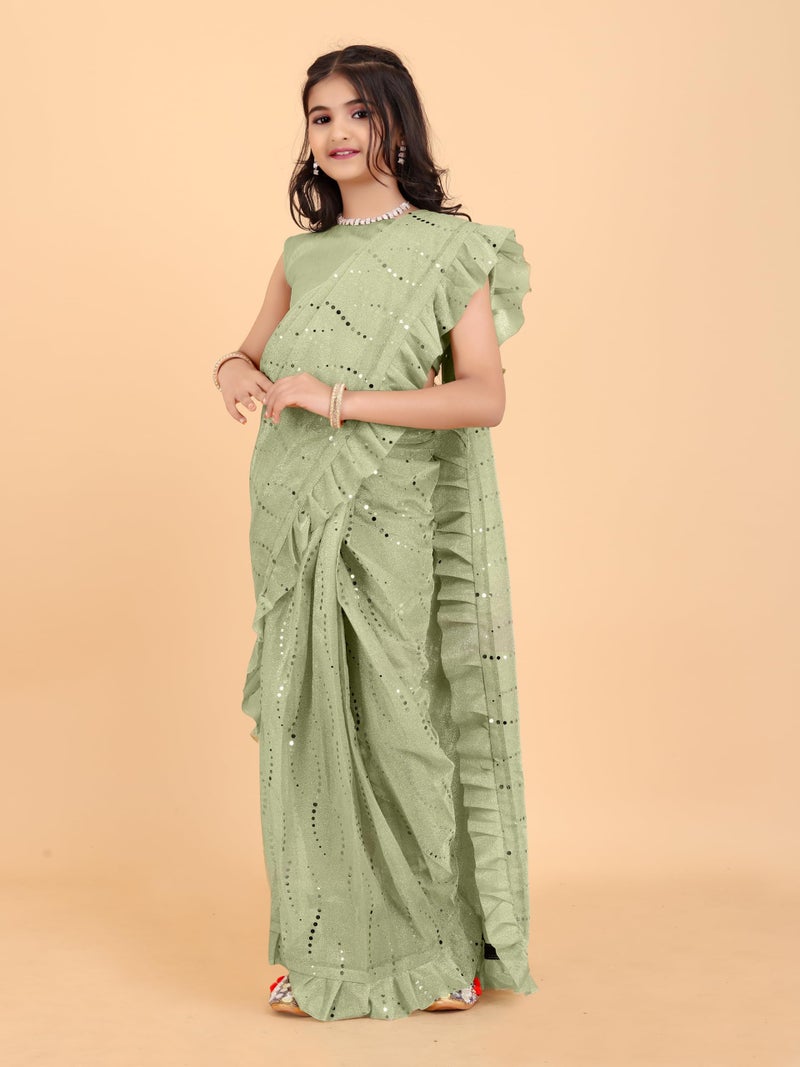 Xavima Kids Supernet Embellished Ready to Wear Saree With Unstitched Blouse Piece- Pista_Size : 5_6 Years - Image 3