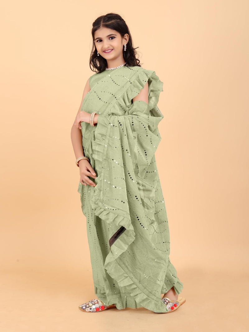 Xavima Kids Supernet Embellished Ready to Wear Saree With Unstitched Blouse Piece- Pista_Size : 5_6 Years - Image 2