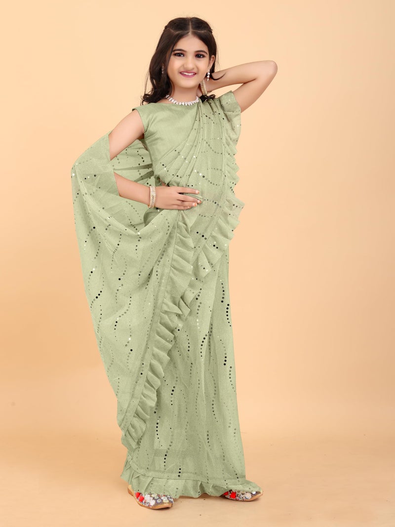Xavima Kids Supernet Embellished Ready to Wear Saree With Unstitched Blouse Piece- Pista_Size : 5_6 Years - Image 4