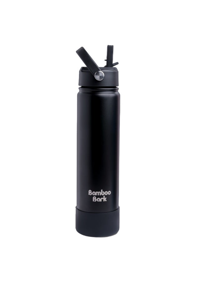 Bamboo Bark 750 ML Insulated Water Bottle with Sipper Lid – Stainless Steel Double Wall Vacuum Flask for Hot & Cold Water Leak-Proof, Reusable Sports Thermos Bottle - (Black) - Image 1