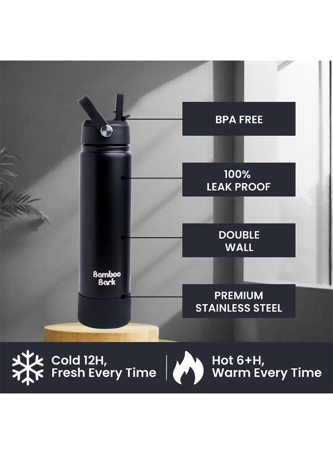 Bamboo Bark 750 ML Insulated Water Bottle with Sipper Lid – Stainless Steel Double Wall Vacuum Flask for Hot & Cold Water Leak-Proof, Reusable Sports Thermos Bottle - (Black) - Image 2