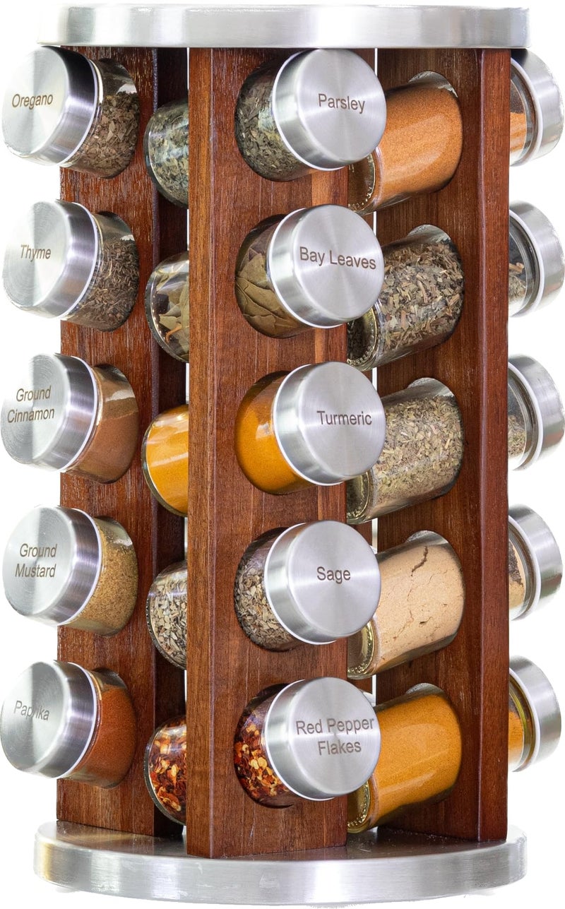 Orii Orii 20 Jar Dark Acacia Wood Spice Rack with Spices Included  Rotating Tower Organizer for Kitchen Spices and Seasonings Dark Stained Acacia Wood 