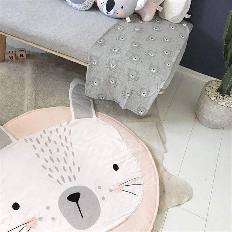 ABREEZE Animal Nursery Rug Tummy Time Blanket Playroom Area Rug Nursery Rug Cartoon Rabbit Baby Play Mat Round Crawling Blanket Carpet Cartoon Rabbit Design Home Room Decor 35X37 inches,Pink - Image 5